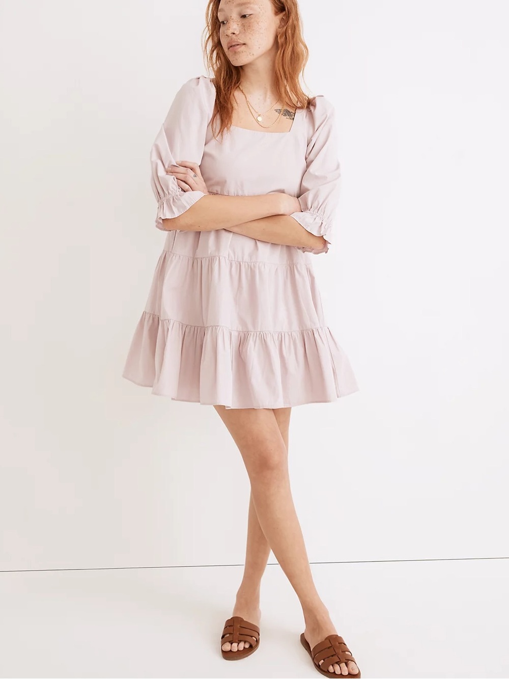 NWT Madewell Blush Pink Tiered Square-Neck Poplin Lizzie Babydoll Dress Size 6